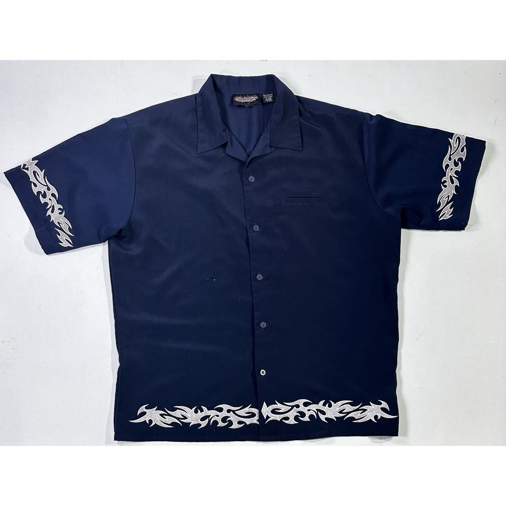 Sapphire‎ Lounge XL Flame Shirt Navy Blue Embroidered Bowling Rockabilly Y2K